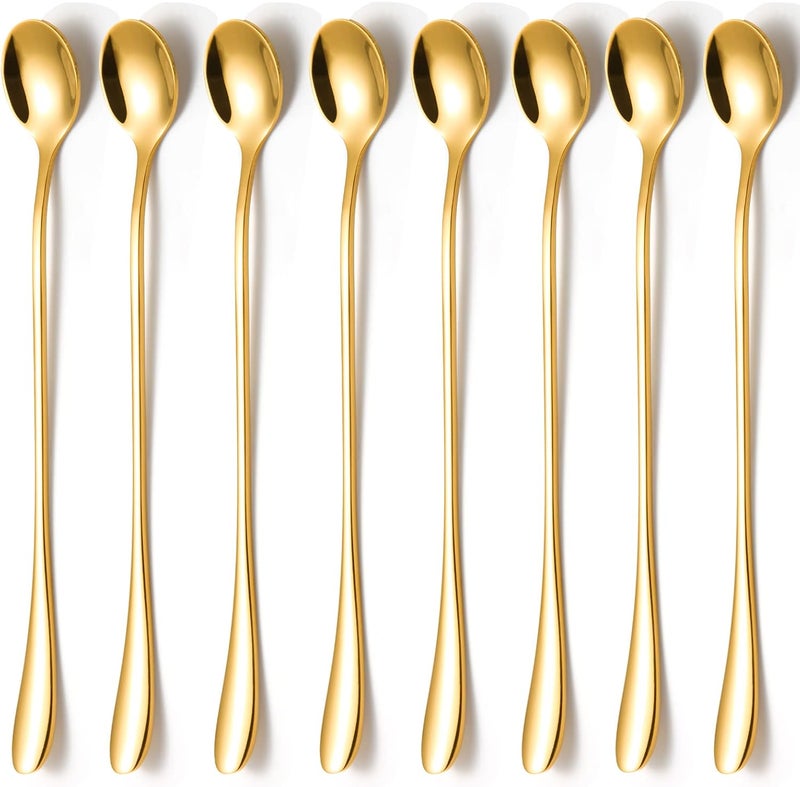 KITWARE Gold Ice Teaspoons Set of 8 Pieces, 7.7 inch Long Handle Spoon, Stainless Steel Coffee Spoons, Cocktail Mixing Spoons, Mirror Polished Bar Spoon - Image 1